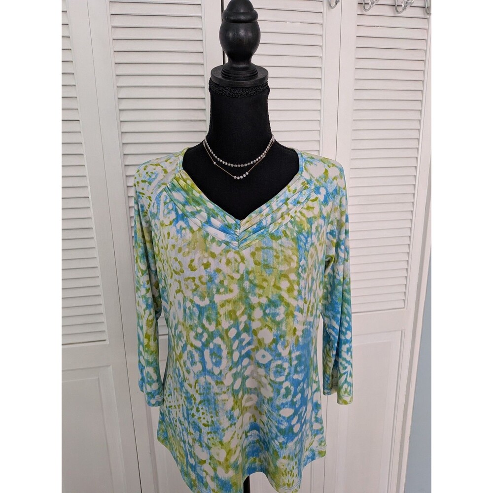 Susan Graver Top Women S Liquid Knit Yellow Blue AbstractArt Slinky Tunic Blouse